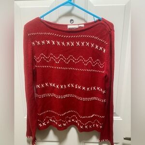 Red & White Stitch Knit Holiday Sweater Christmas Jumper Nordic Long Sleeve